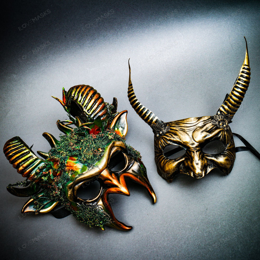Gold Green Forest Scary Devil Ram Halloween Couple Mask w/ Devil Horn Demon Mask
